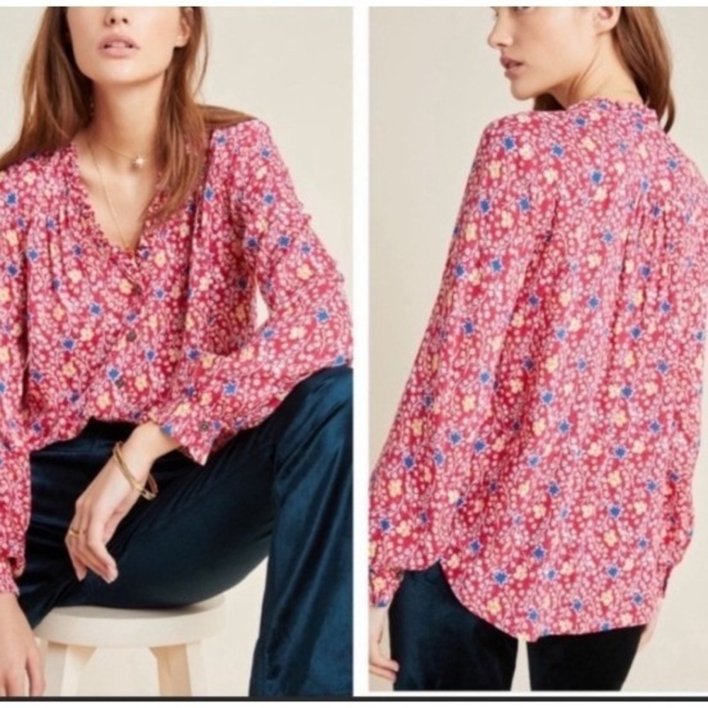 Maeve Anthropologie Floral Ruffle Oversized Blouse Women 12 Pink Coastal Summer